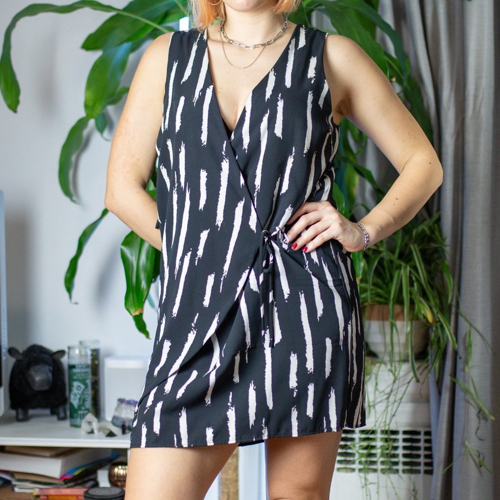 Mini Black Wrap Dress with Cream/Pink Pattern